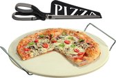 Pierre à pizza en céramique ronde 33 cm avec poignées - Avec ciseaux à pizza noir 30 cm - Pierre à pizza BBQ/ four