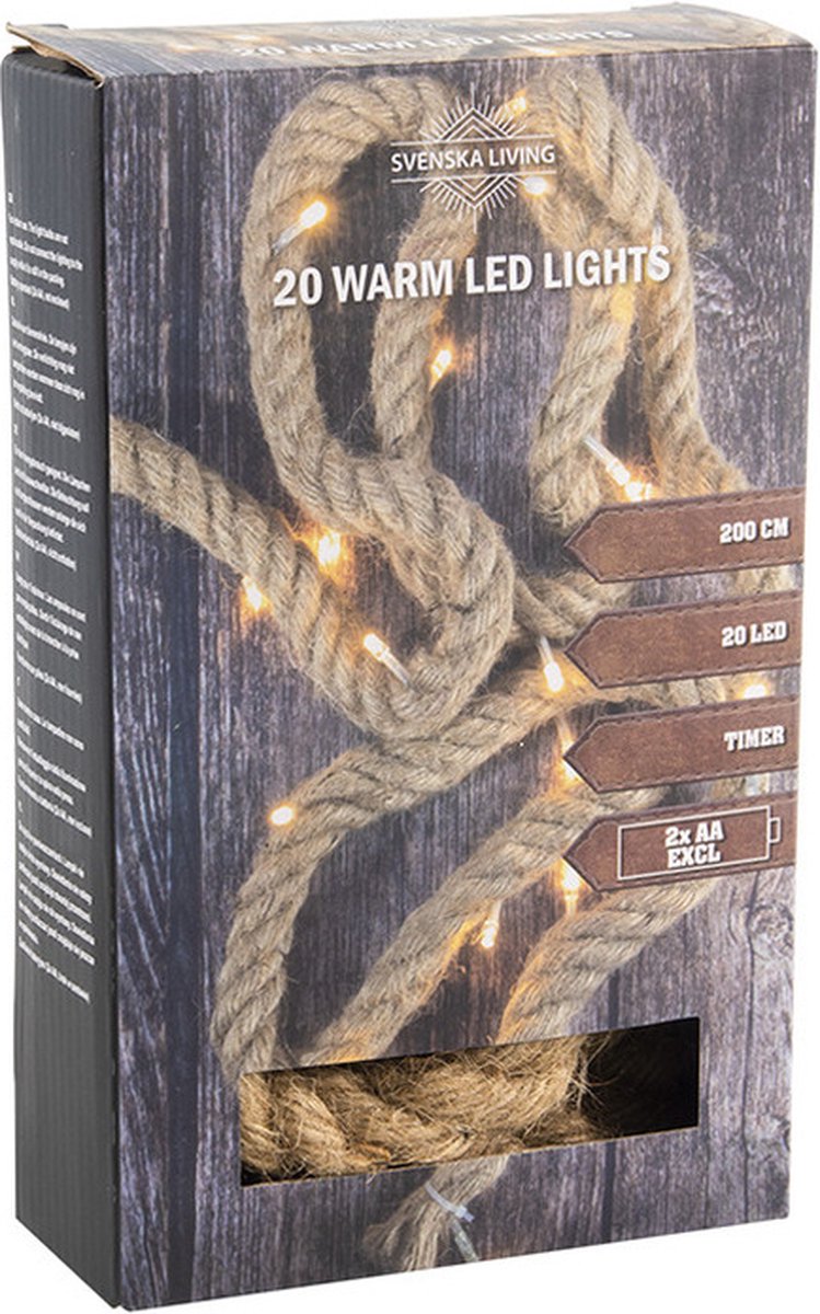 Svenska Living Touwverlichting - jute - 200 cm - op batterijen - 20 lampjes - warm wit licht
