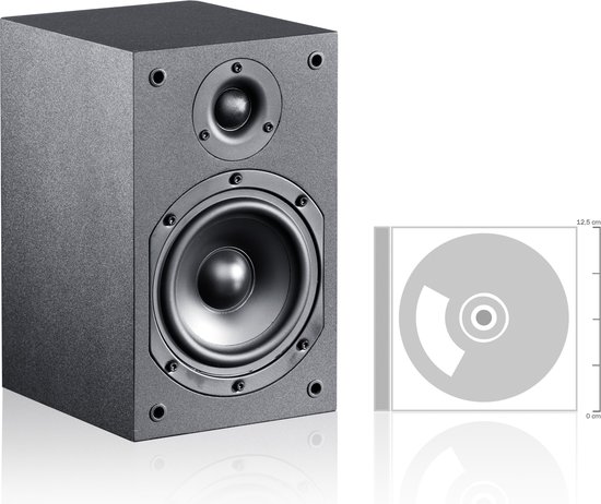 Zwarte luidspreker met woofer en tweeter, met afmetingen van een CD-schijf ernaast.