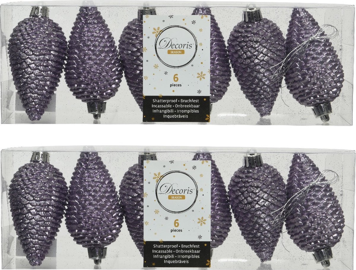 Decoris Kersthangers dennenappels - 24x - lila paars - glitter - 8 cm - kunststof - kerstversiering