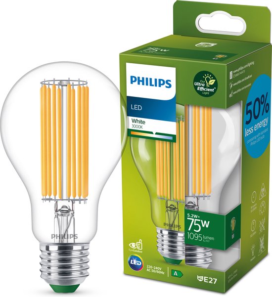 Philips Ultra Efficient LED lamp Transparant - 75 W - E27 - Wit licht
