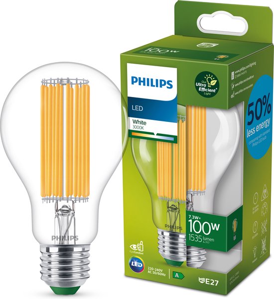 Philips Ultra Efficient LED lamp Transparant - 100 W - E27 - Wit licht