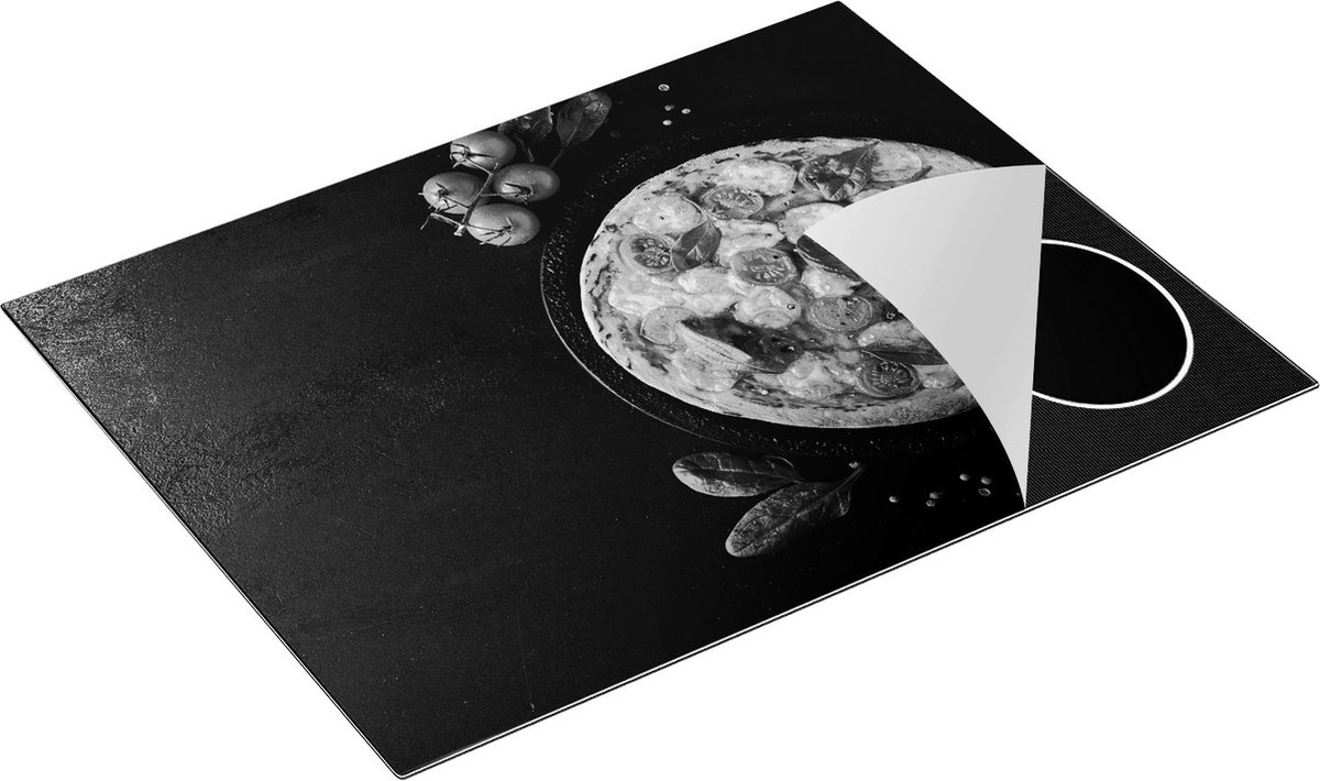 Chefcare Inductie Beschermer Mozzarella Pizza op een Marmeren Plaat - Zwart Wit - 77x59 cm - Afdekplaat Inductie - Kookplaat Beschermer - Inductie Mat