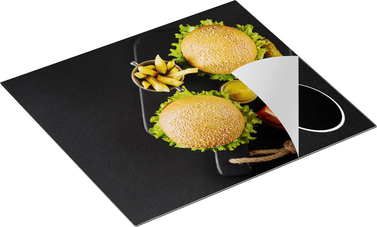 Chefcare Inductie Beschermer Hamburgers met Patat op een Zwarte Marmeren Plaat - 59x52 cm - Afdekplaat Inductie - Kookplaat Beschermer - Inductie Mat