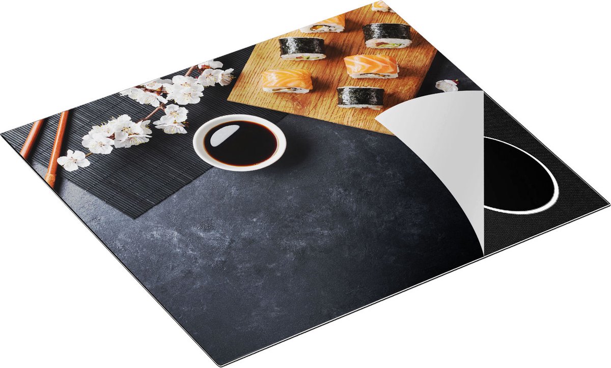 Chefcare Inductie Beschermer Sushi met Soja Saus op een Zwarte Marmeren Plaat - 59x52 cm - Afdekplaat Inductie - Kookplaat Beschermer - Inductie Mat