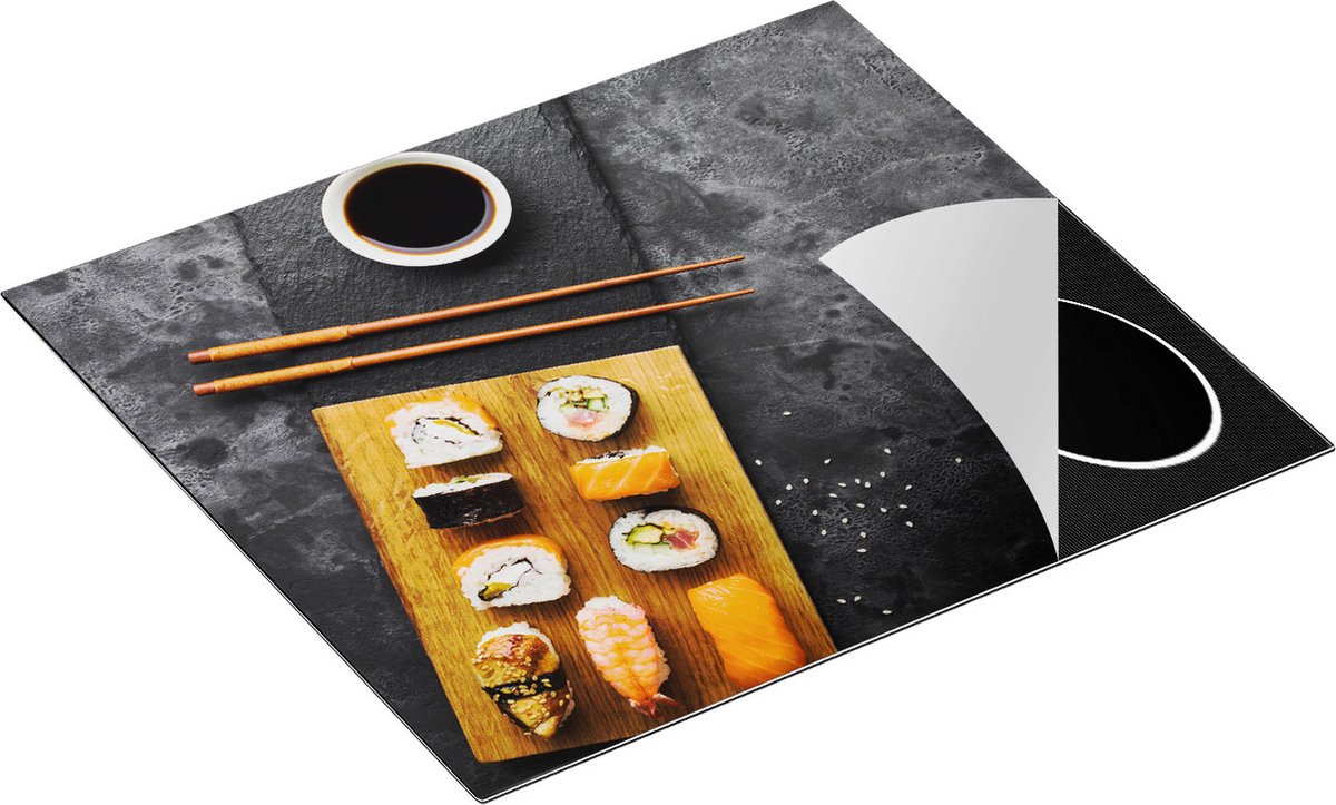 Chefcare Inductie Beschermer Sushi met Soja Saus op een Marmer - 58,3x51,3 cm - Afdekplaat Inductie - Kookplaat Beschermer - Inductie Mat