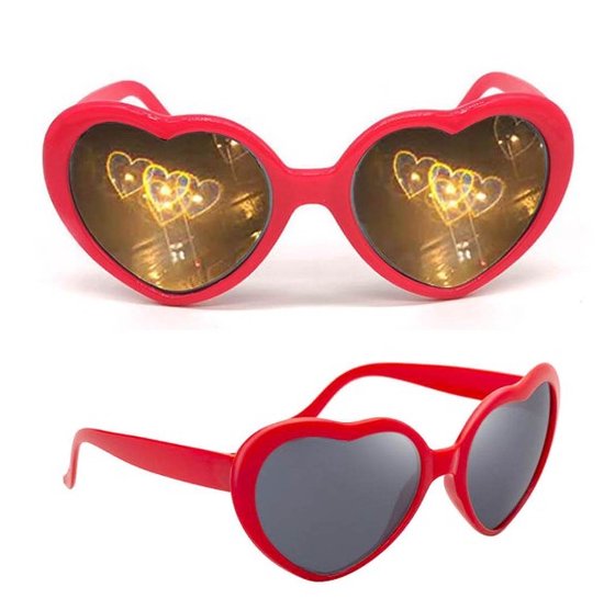 Hartjes zonnebril - 3D effect- Festival bril - Hartvormige zonnebril - Diffractie bril - Festival zonnebril - Hartjes Spacebril- Hartvormige Bril - Hartjes Zonnebril met speciale effecten - Spacebril - Rood