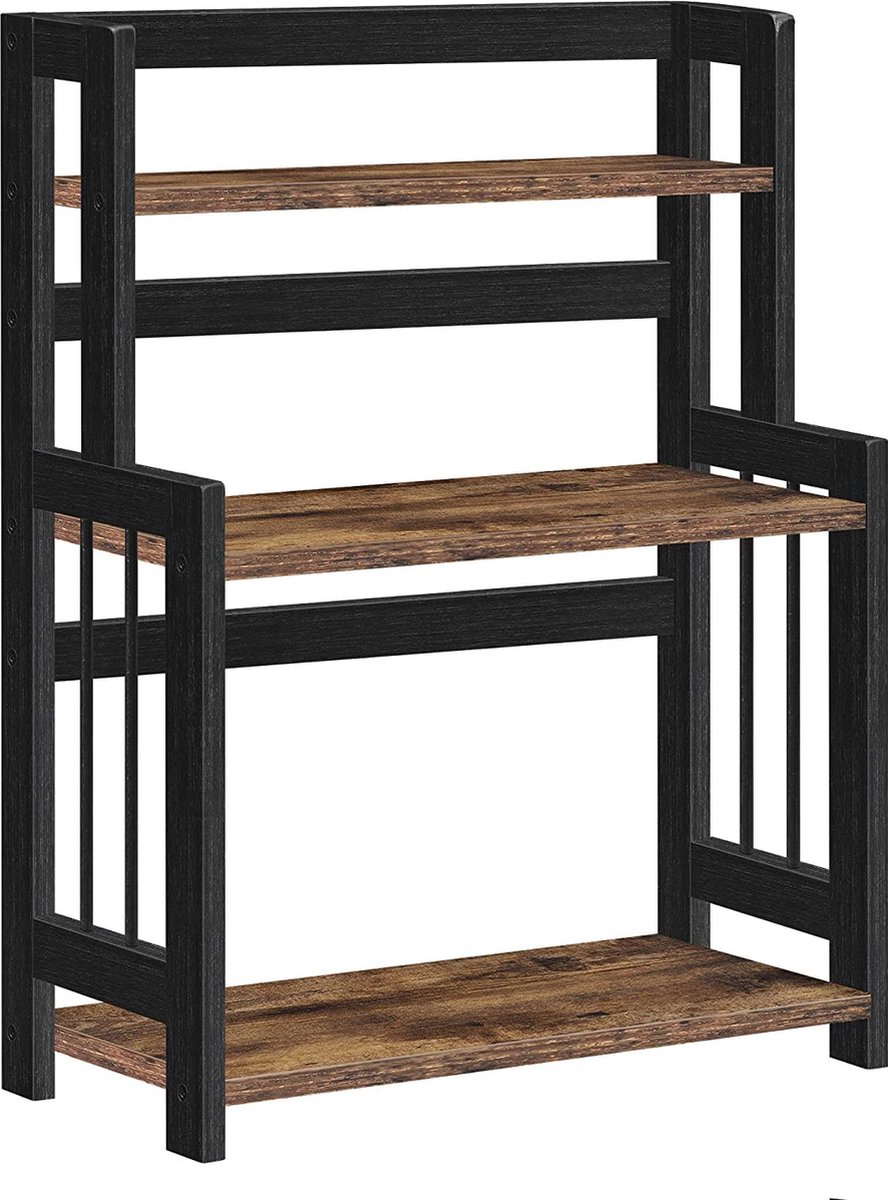 Hoppa!  Kruidenrek met 3 niveaus, keukenplank, opbergrek, voor aanrecht, bamboerek, voor keuken, eetkamer, kantoor, vintage bruin-zwart