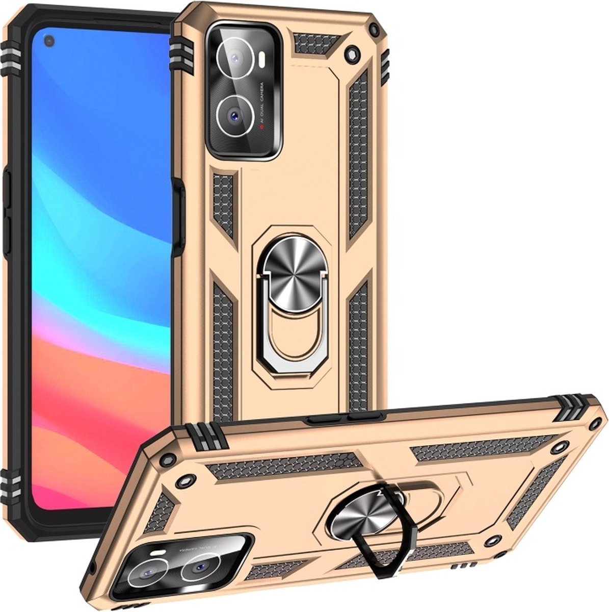 Geschikt voor Oppo A76 Hoesje Armor Anti-shock Backcover Goud - Geschikt voor Oppo A76 - Geschikt voor Oppo A76 Backcover kickstand Ring houder cover TPU backcover oTronica