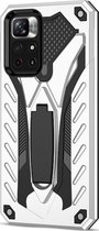 Mobigear Hoesje geschikt voor Xiaomi Redmi Note 11T Telefoonhoesje Hardcase | Mobigear Armor Stand Backcover Shockproof met Standaard | Schokbestendig Redmi Note 11T Telefoonhoesje | Anti Shock Proof - Zilver