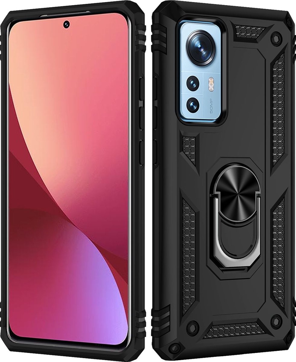 Mobigear Hoesje geschikt voor Xiaomi 12 Telefoonhoesje Hardcase | Mobigear Armor Ring Backcover Shockproof met Ringhouder | Schokbestendig 12 Telefoonhoesje | Anti Shock Proof - Zwart