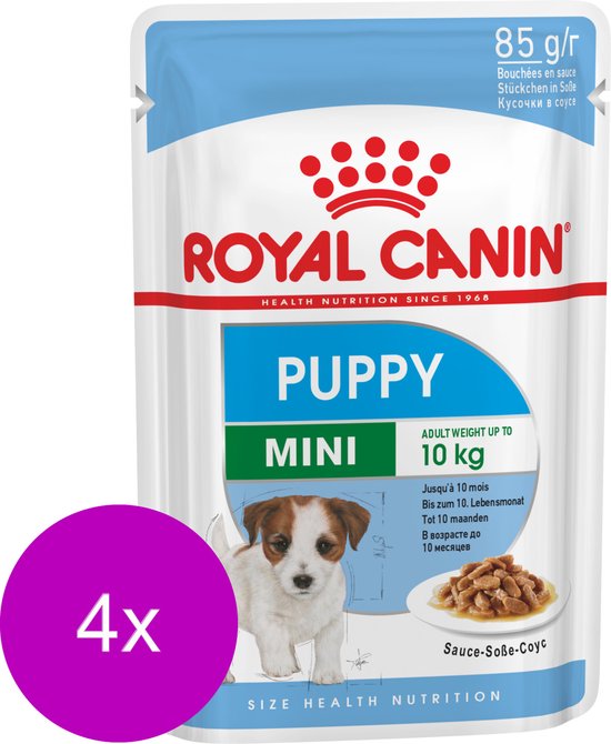 Zakje Royal Canin Puppy Mini natvoer, 85 g, met een puppy en "4x" in paarse cirkel.