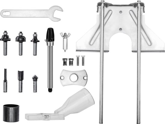 Set met diverse frezen, sleutel, geleidingsbeugel en toebehoren voor bovenfrees.