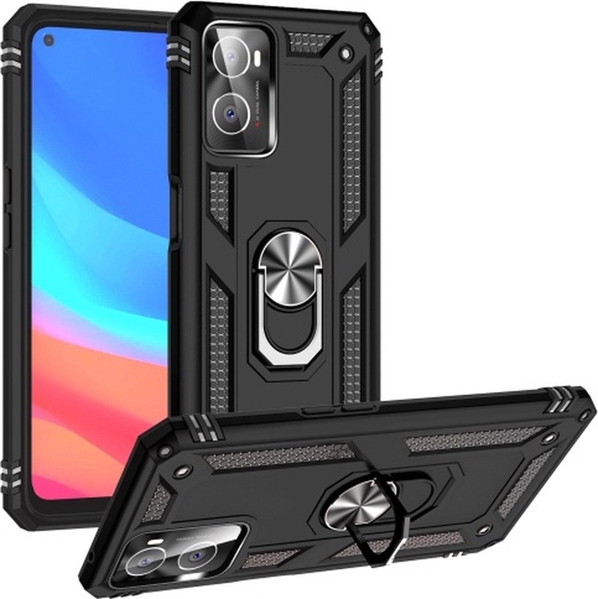 Geschikt voor Oppo A76 Hoesje Armor Anti-shock Backcover Zwart - Geschikt voor Oppo - Geschikt voor Oppo A76 Backcover kickstand Ring houder cover TPU backcover oTronica