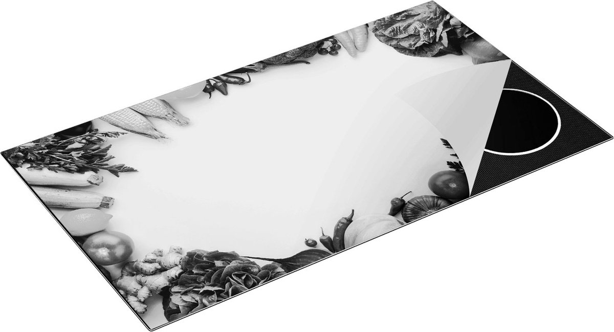 Chefcare Inductie Beschermer Groente op een Witte Achtergrond - Groentes - Zwart Wit - 95x50 cm - Afdekplaat Inductie - Kookplaat Beschermer - Inductie Mat