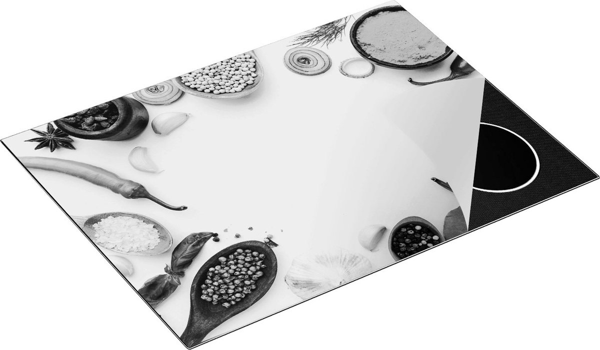Chefcare Inductie Beschermer Kruiden op een Witte Tafel - Zwart Wit - 70x55 cm - Afdekplaat Inductie - Kookplaat Beschermer - Inductie Mat