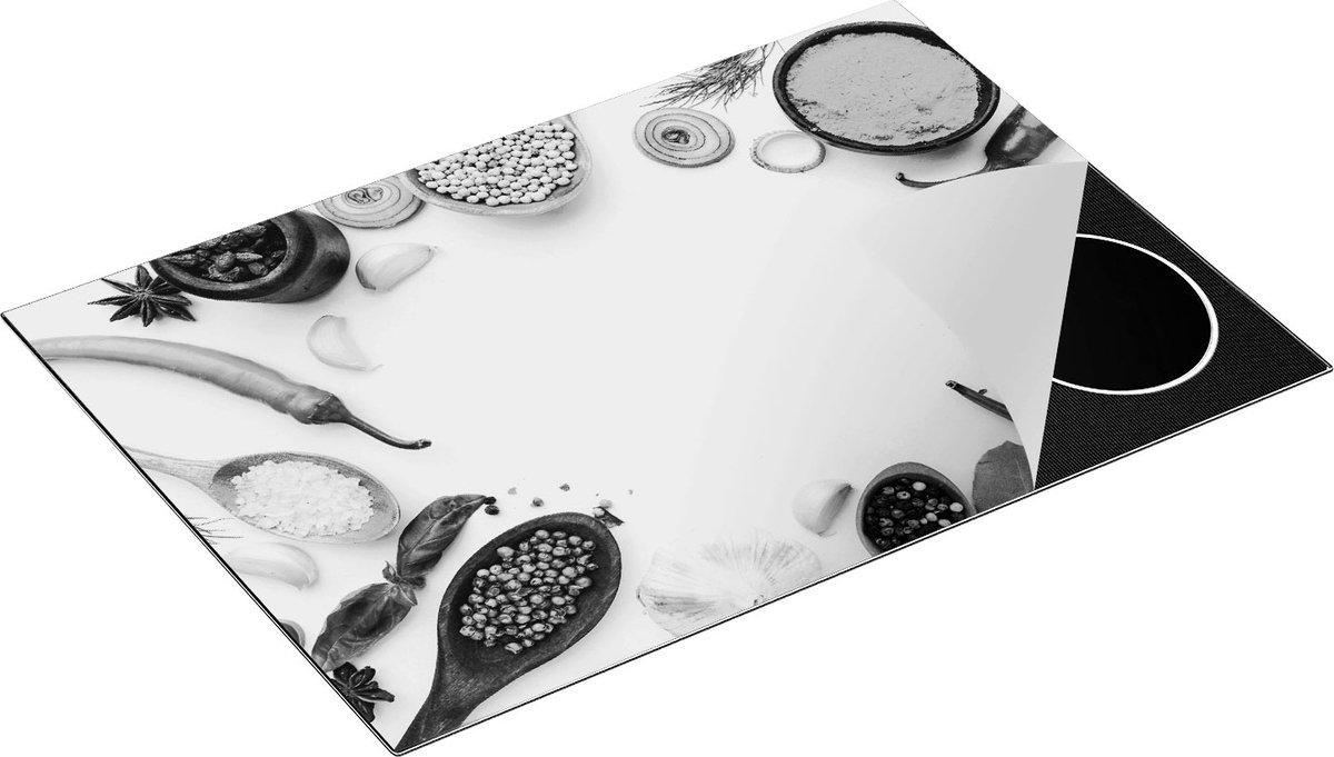 Chefcare Inductie Beschermer Kruiden op een Witte Tafel - Zwart Wit - 77x51 cm - Afdekplaat Inductie - Kookplaat Beschermer - Inductie Mat