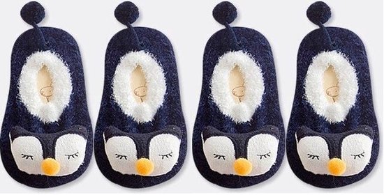 Pingouin moelleux en molleton doux et mignon - chaussettes / pantoufles antidérapantes bleues - extensible | Bébé 4-12 mois