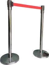 Essentials Afzetpaal chroom roestvrij staal met rode band - 2 stuks - Afsluitlengte 180 cm - voet -  32cm - paal -  5cm - hoogte 99 cm - 8 kg