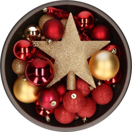 Kerstballen, set van 132, kunststof kerstballen, diameter van 3-6 cm, kerstboomversiering, hanger met boompiek, ster, boomversiering, onbreekbaar, kerstboomversiering voor binnen en buiten, rood