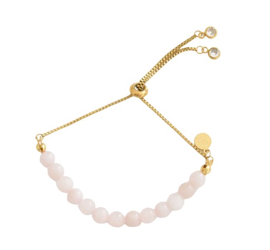 Bracelet plaqué or rose avec pierre naturelle de quartz rose 14cm / 21cm - Bracelet ajustable avec perles par Sophie Siero - Coffret cadeau