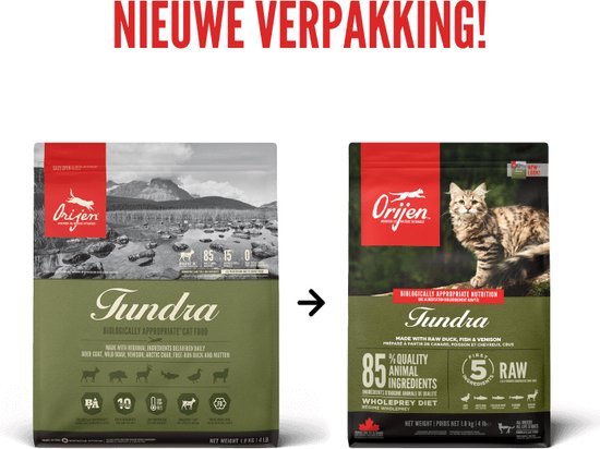 Twee verpakkingen Orijen Tundra kattenvoer: één met berglandschap, één met tijgerkat. Tekst "NIEUWE VERPAKKING!".