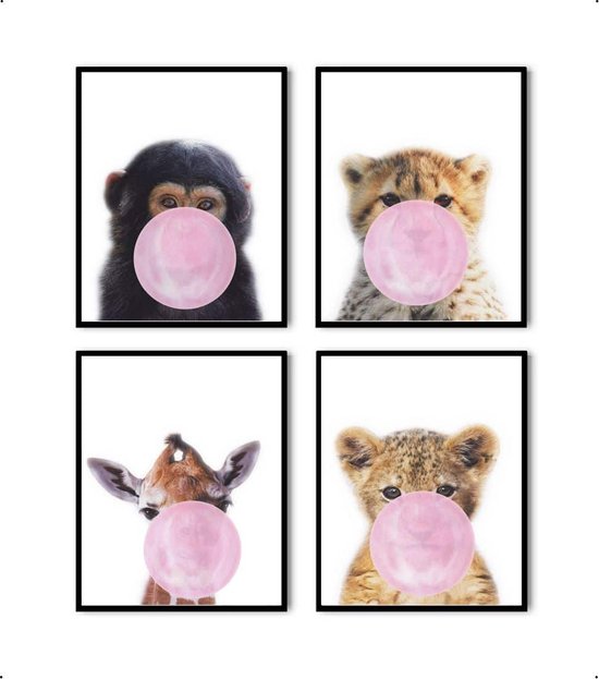Postercity - Design Canvas Poster Jungle Set Baby Aapje, Giraffe, Cheeta en Tijger Roze Kauwgom / Kinderkamer / Dieren Poster / Babykamer - Kinderposter / Babyshower Cadeau / Muurdecoratie / 30 x 21cm / A4