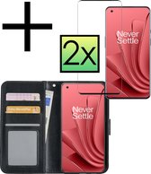 Hoes Geschikt voor OnePlus 10 Pro Hoesje Book Case Hoes Flip Cover Wallet Bookcase Met 2x Screenprotector - Zwart