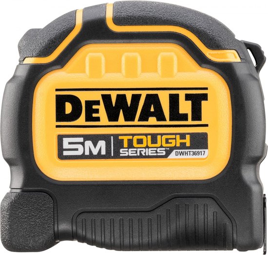 DeWALT TOUGH rolmaat, 5M, met zwarte en gele accenten.