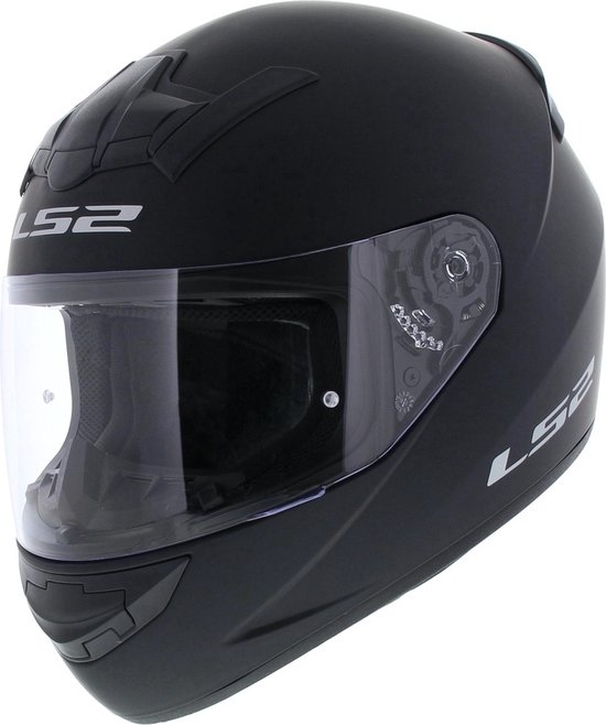 Casque intégral LS2 noir mat avec visière teintée et aérations sur le dessus.