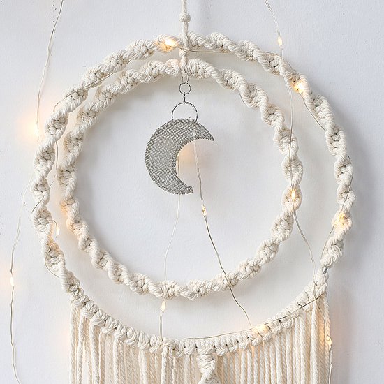 Dromenvanger met Verlichting - Wandhanger - Dromenvanger Veer | Maan - Macrame Boho Wandkleed - Wanddecoratie Kinderkamer Muurdecoratie - Kraamcadeau