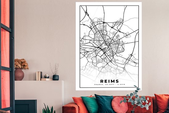 Affiche Carte - Carte - Reims - France - Plan de la ville - Zwart et blanc - 120x180 cm XXL