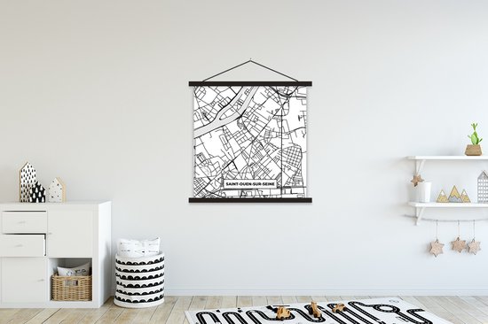 Porte-affiche avec Affiche - Affiche scolaire - Carte - Plan de la ville - Saint-Ouen-sur-Seine - France - Carte - Zwart et blanc - 90x90 cm - Lattes noires