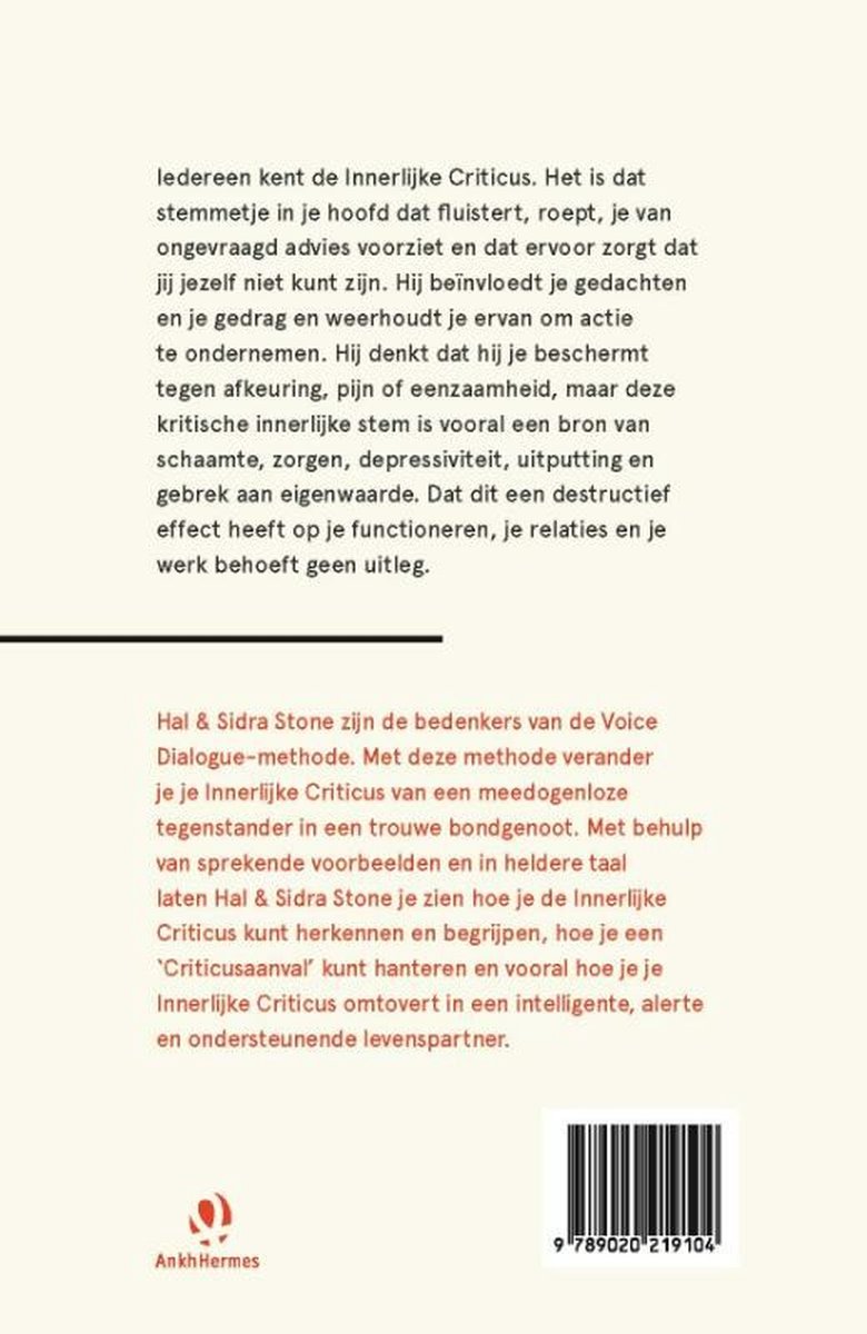 Boek 'De innerlijke criticus ontmaskerd' van Hal & Sidra Stone, met tekst over Voice Dialogue methode.