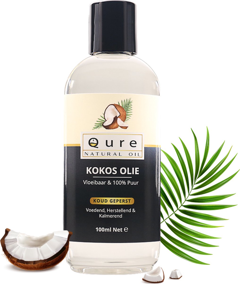 Kokosolie 100ml | 100% Puur en Vloeibaar | Food Grade Kwaliteit MCT Kokos Olie voor Haar, Huid en Lichaam - Qure Natural Oil
