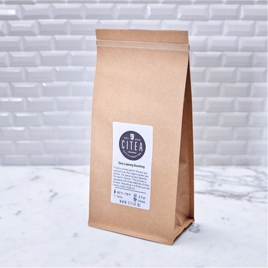 Bruine papieren zak met CITEA logo en tekst 'Formosa Lapsang Souchong'.