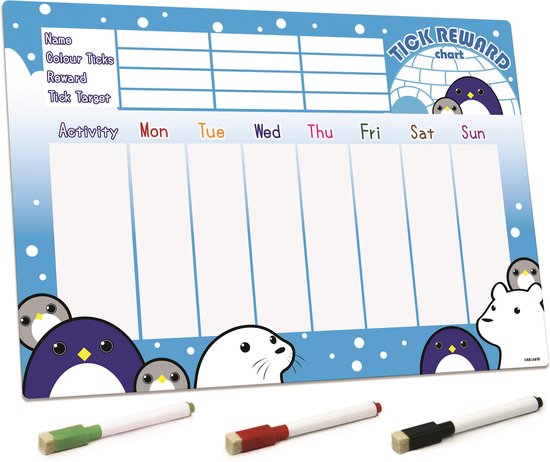 CKB ltd - Beloningssysteem Beloningskalender - Weekplanner kind planbord kinderen met boodschappenlijst beloningskaart familieagenda Penguin and Friends - CKB ltd