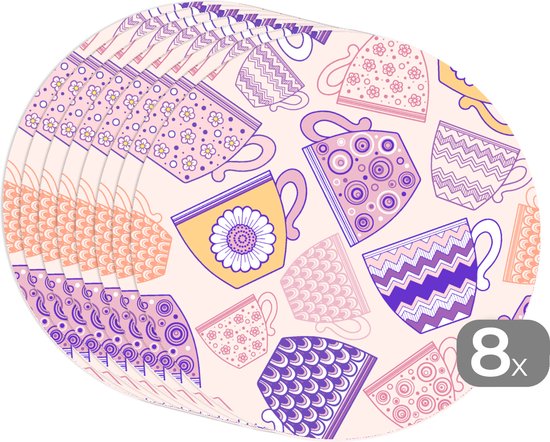 Sets de table ronds - Dessous de verre - Sets de Napperons ronds - Motifs - Tasses à thé - Thee - 8 pièces