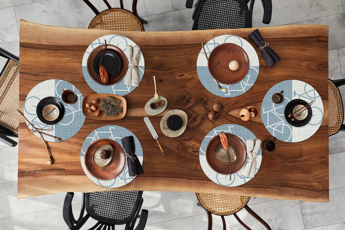 Ronde placemats - Onderlegger - Placemats rond - Fiets - Blauw - Patroon - 6 stuks