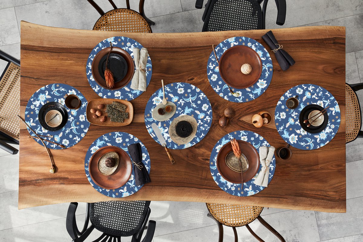 Ronde placemats - Onderlegger - Placemats rond - Patroon - Vogel - Bloemen - 8 stuks