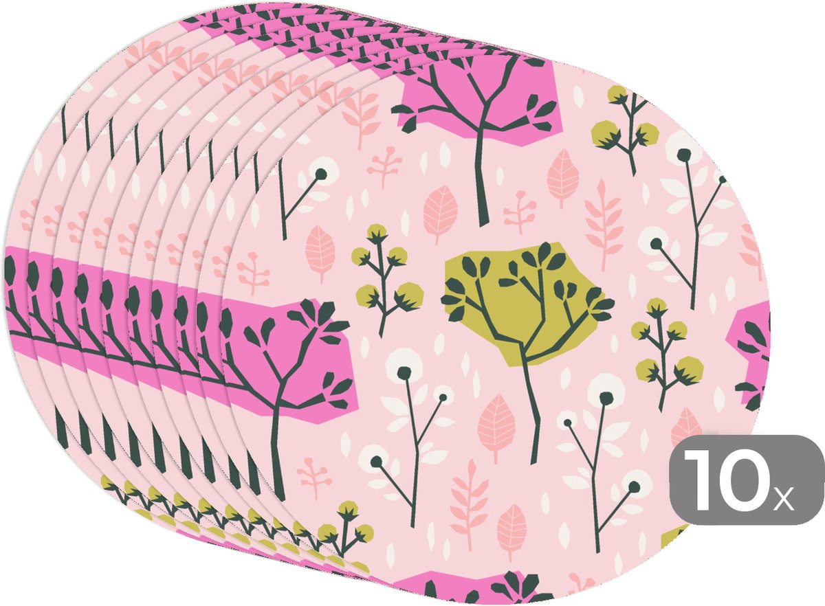 Ronde placemats - Onderlegger - Placemats rond - Roze - Bomen - Bladeren - Design - 10 stuks