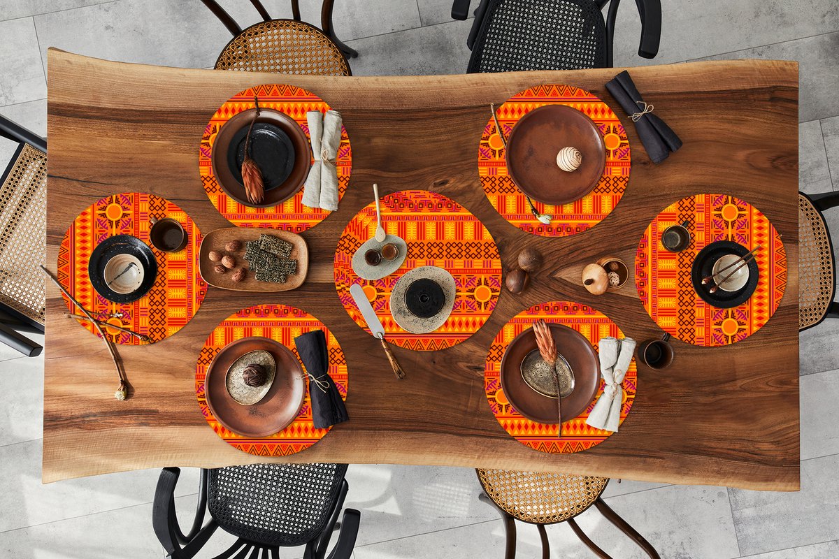 Ronde placemats - Onderlegger - Placemats rond - Patronen - Oranje - Zon - 10 stuks