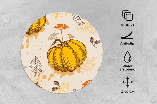 Sets de table ronds - Dessous de verre - Napperons de table ronds - Citrouille - Automne - Motifs - 10 pièces