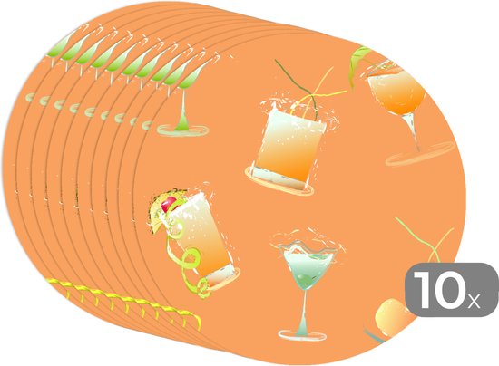 Sets de table ronds - Dessous de verre - Napperons de table ronds - Cocktail - Oranje - Design - 10 pièces