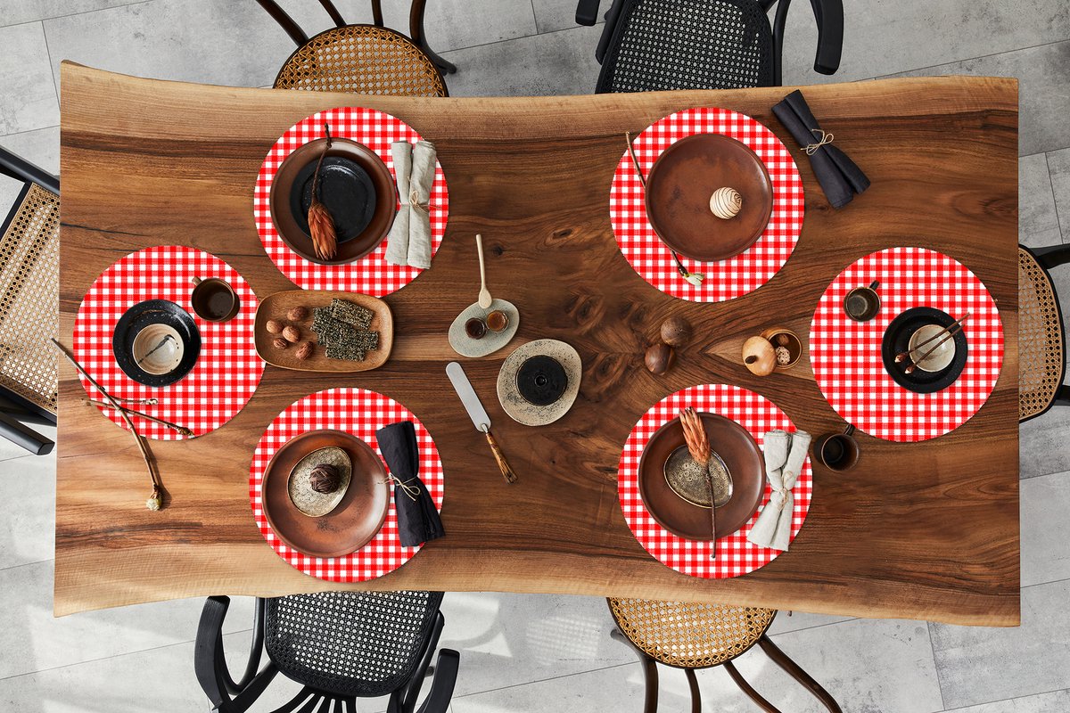 Ronde placemats - Onderlegger - Placemats rond - Rood - Rustiek - Patronen - 6 stuks