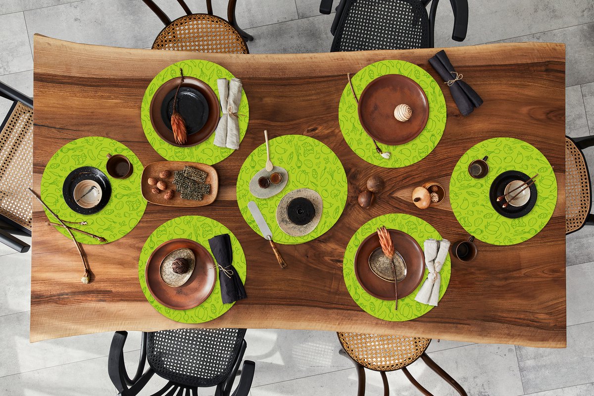Ronde placemats - Onderlegger - Placemats rond - Groente - Vegan - Groen - Design - 8 stuks
