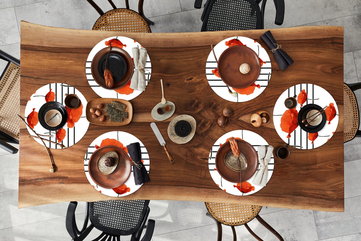 Ronde placemats - Onderlegger - Placemats rond - Muziek - Notenbalk - Klaproos - 6 stuks