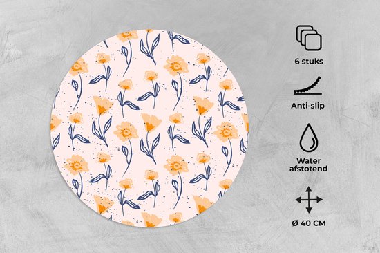 Sets de table ronds - Dessous de verre - Napperons ronds - Fleurs - Motifs - Été - 6 pièces