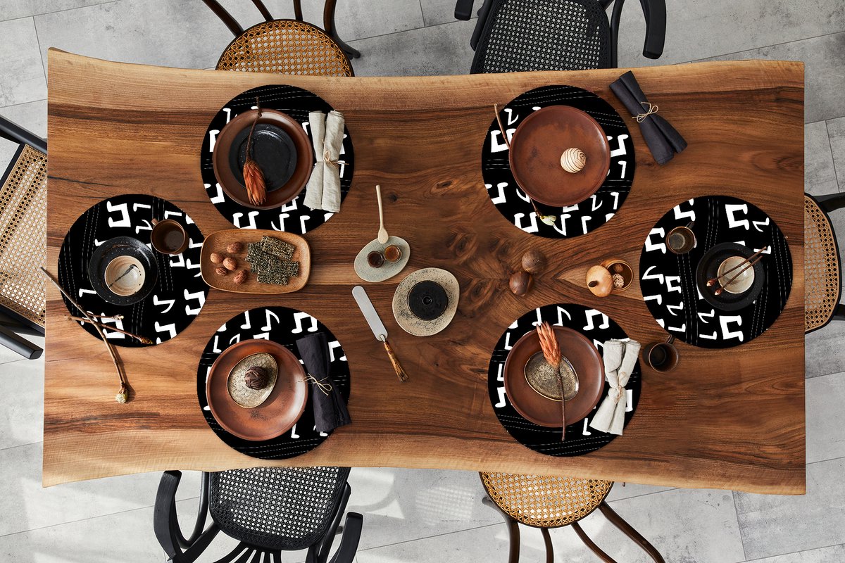 Ronde placemats - Onderlegger - Placemats rond - Muziek - Zwart Wit - Patroon - 6 stuks