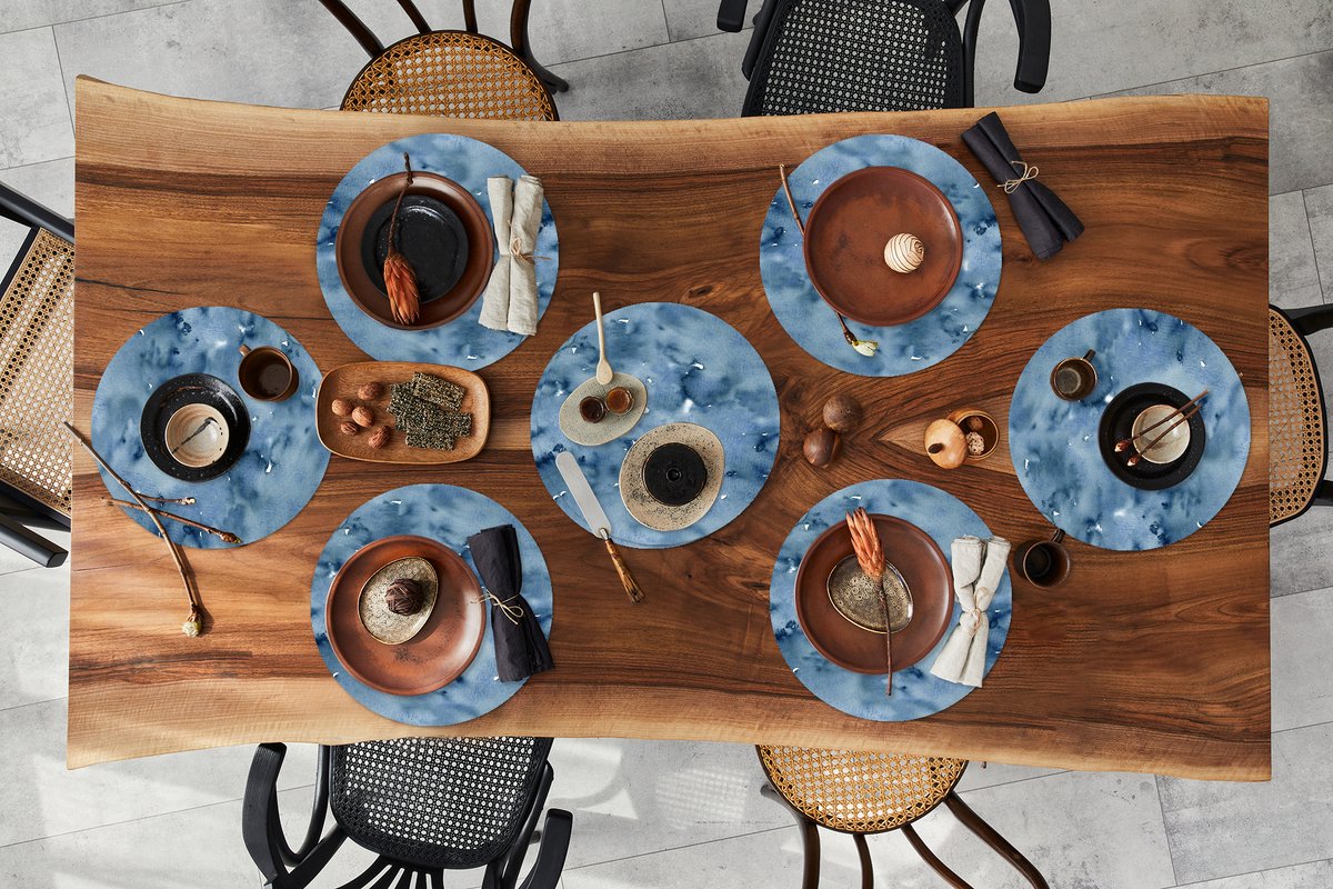 Ronde placemats - Onderlegger - Placemats rond - Waterverf - Patroon - Blauw - 8 stuks